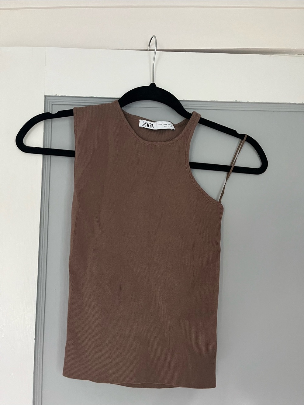 Zara Chocolate Brown One-Shoulder Ribbed Tank Top